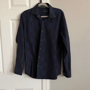 Jared Lang Dark Navy Long-Sleeve Dress Shirt with Subtle Plaid